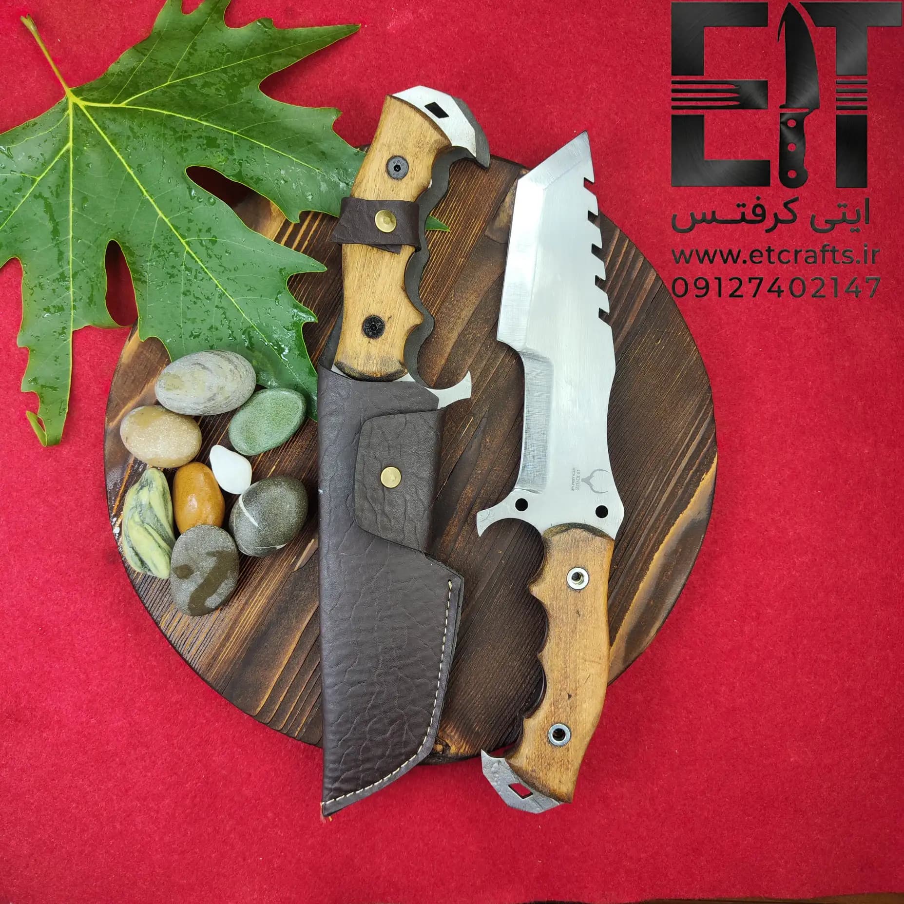 چاقو شکاری ایران نایف مدل شاخ کرگدن طرح Tahoma دست ساز زنجان (فولاد 80CRV2 دو پخ) + غلاف چرم دست دوز
