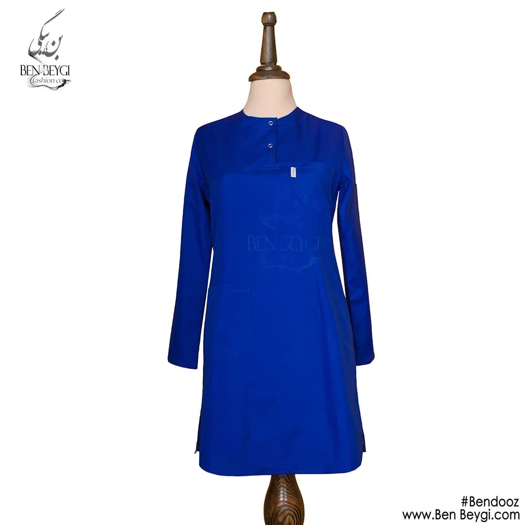 مانتو شلوار کار زنانه پارچه کجراه رنگ آبی یقه گرد قد 95 کد 25501