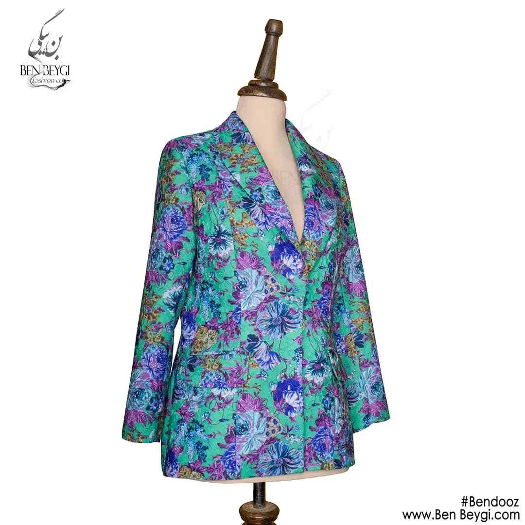 کت مجلسی زنانه فیروزه ای طرح گل یقه آرشال پارچه ژاکارد کد 25490 — تصویر ۴