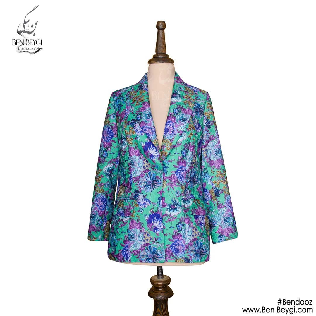 کت مجلسی زنانه فیروزه ای طرح گل یقه آرشال پارچه ژاکارد کد 25490 — تصویر ۲
