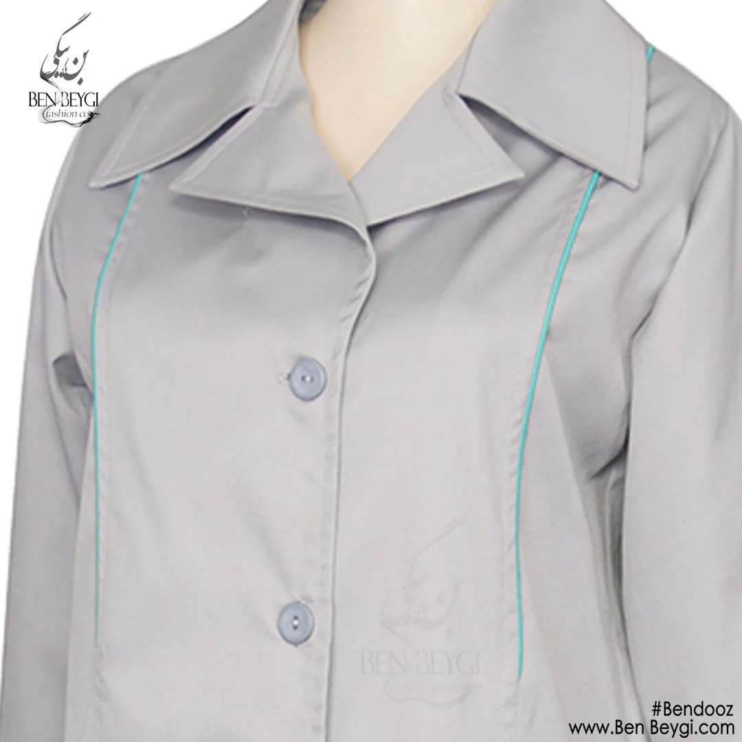مانتو کار زنانه پارچه کجراه رنگ طوسی یقه انگلیسی قد 95 کد 23844 — تصویر ۲