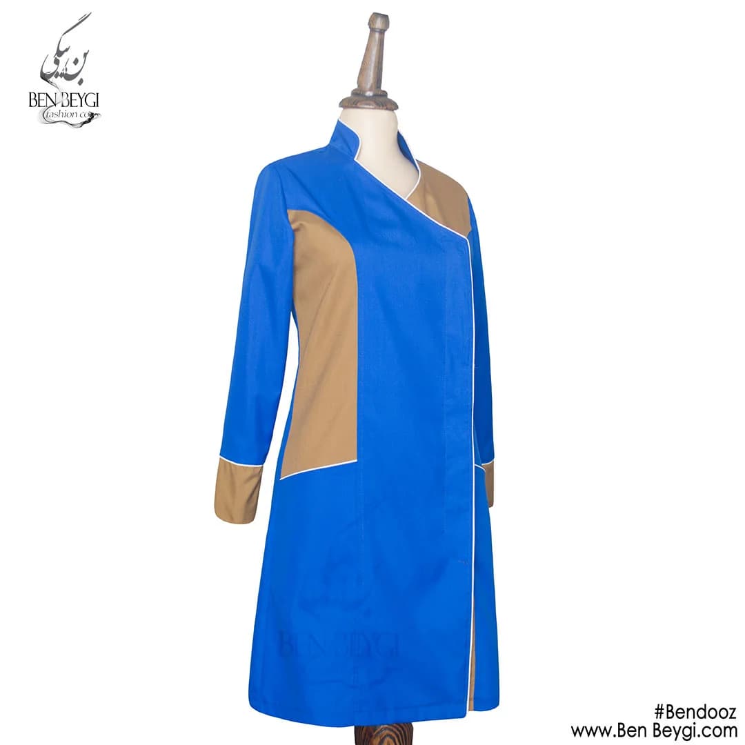 مانتو کار زنانه پارچه کجراه رنگ کاربنی خرج کار قهوه ای یقه ایستاده قد 95 کد 23838 — تصویر ۲