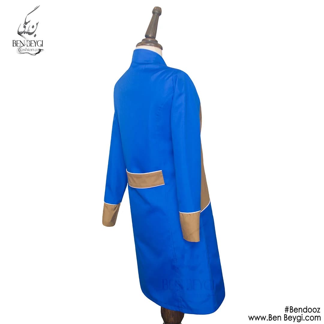 مانتو کار زنانه پارچه کجراه رنگ کاربنی خرج کار قهوه ای یقه ایستاده قد 95 کد 23838 — تصویر ۳