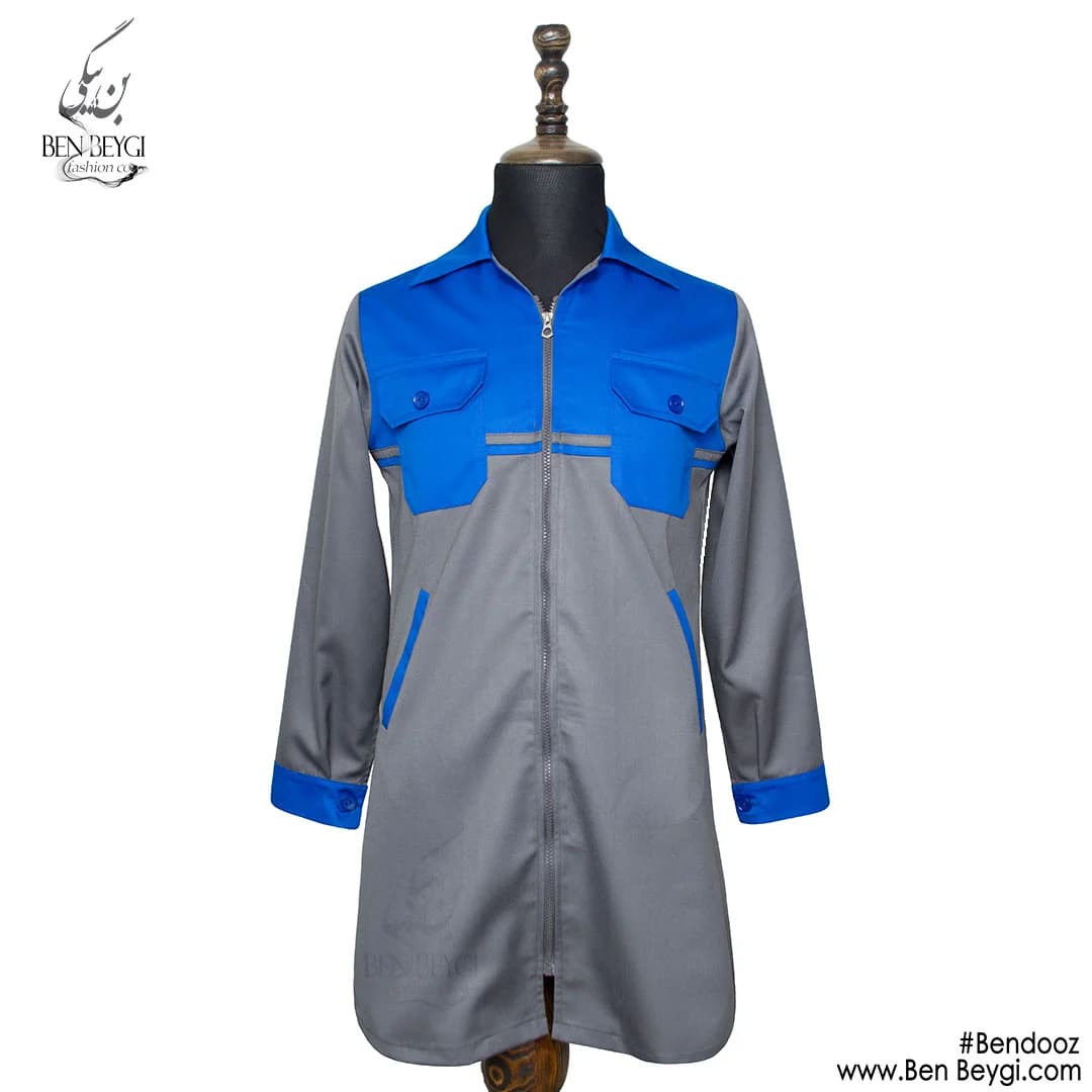مانتو شلوار کار زنانه پارچه کجراه رنگ طوسی خرج کار آبی نوار دوزی قد 95 کد 23806