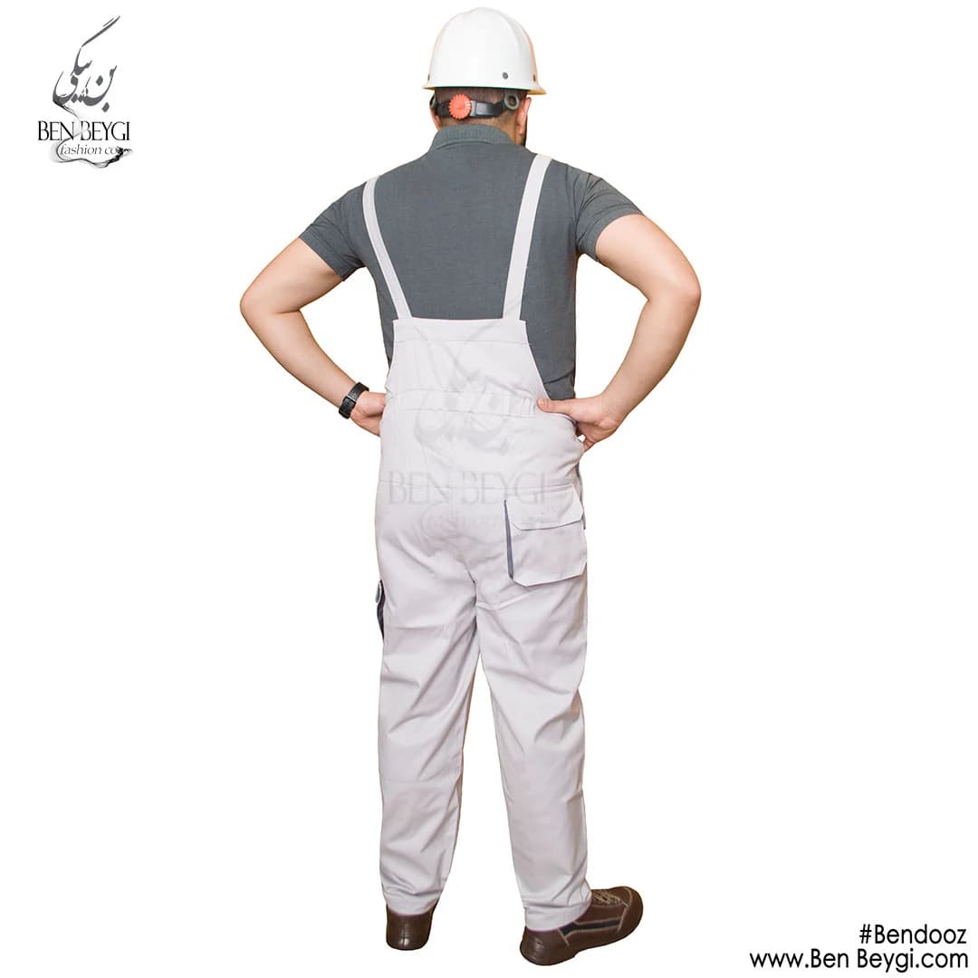 لباس کار دوبنده پارچه کتان جیب پاکتی رنگ استخوانی کد 23703 — تصویر ۲