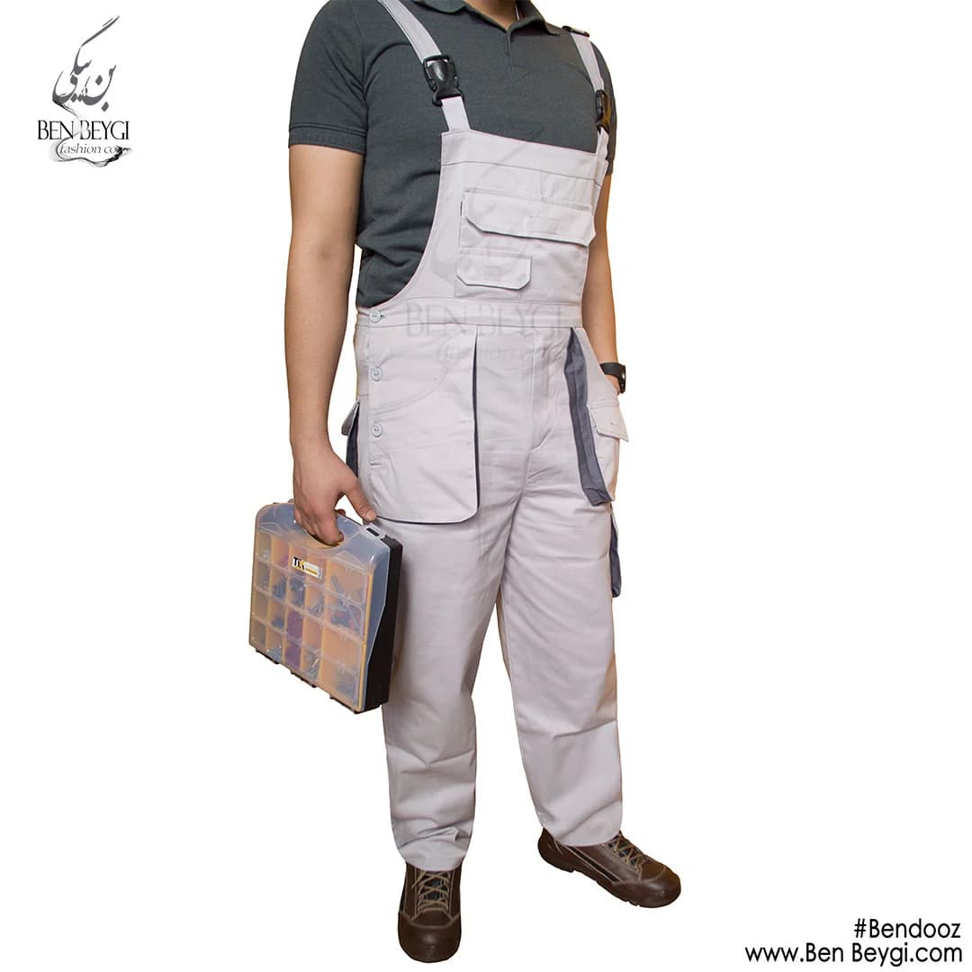 لباس کار دوبنده پارچه کتان جیب پاکتی رنگ استخوانی کد 23703 — تصویر ۳