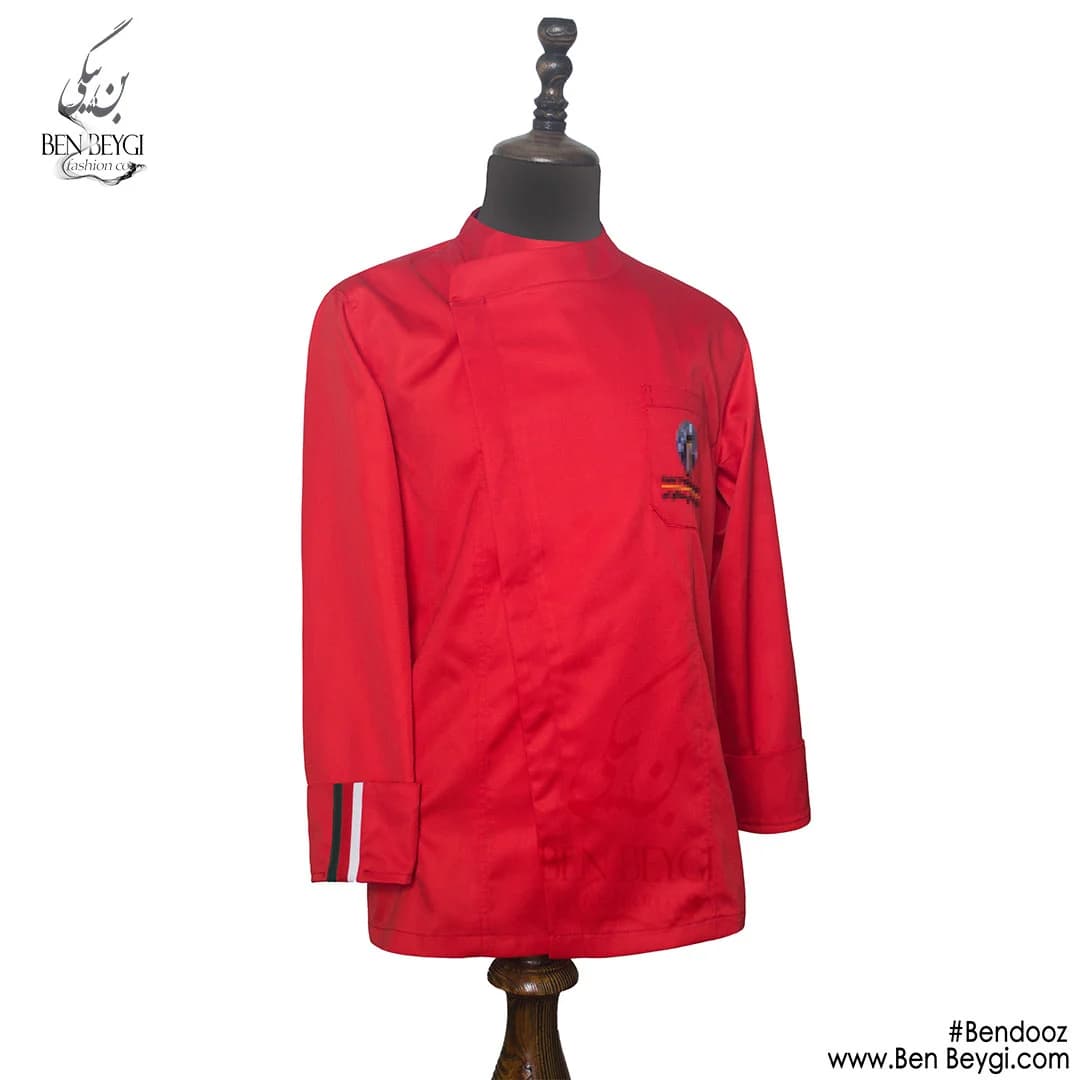 پیراهن آشپزی پارچه کجراه ساده یک ردیف دکمه رنگ قرمز کد 23680