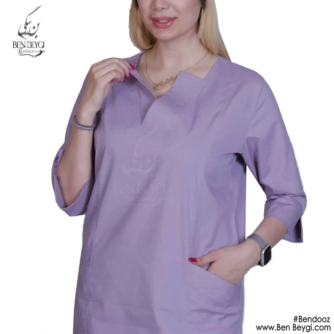 اسکراب پزشکی زنانه با شلوار پارچه ترگال یقه هفت آستین کوتاه رنگ یاسی کد SHA-481-23650