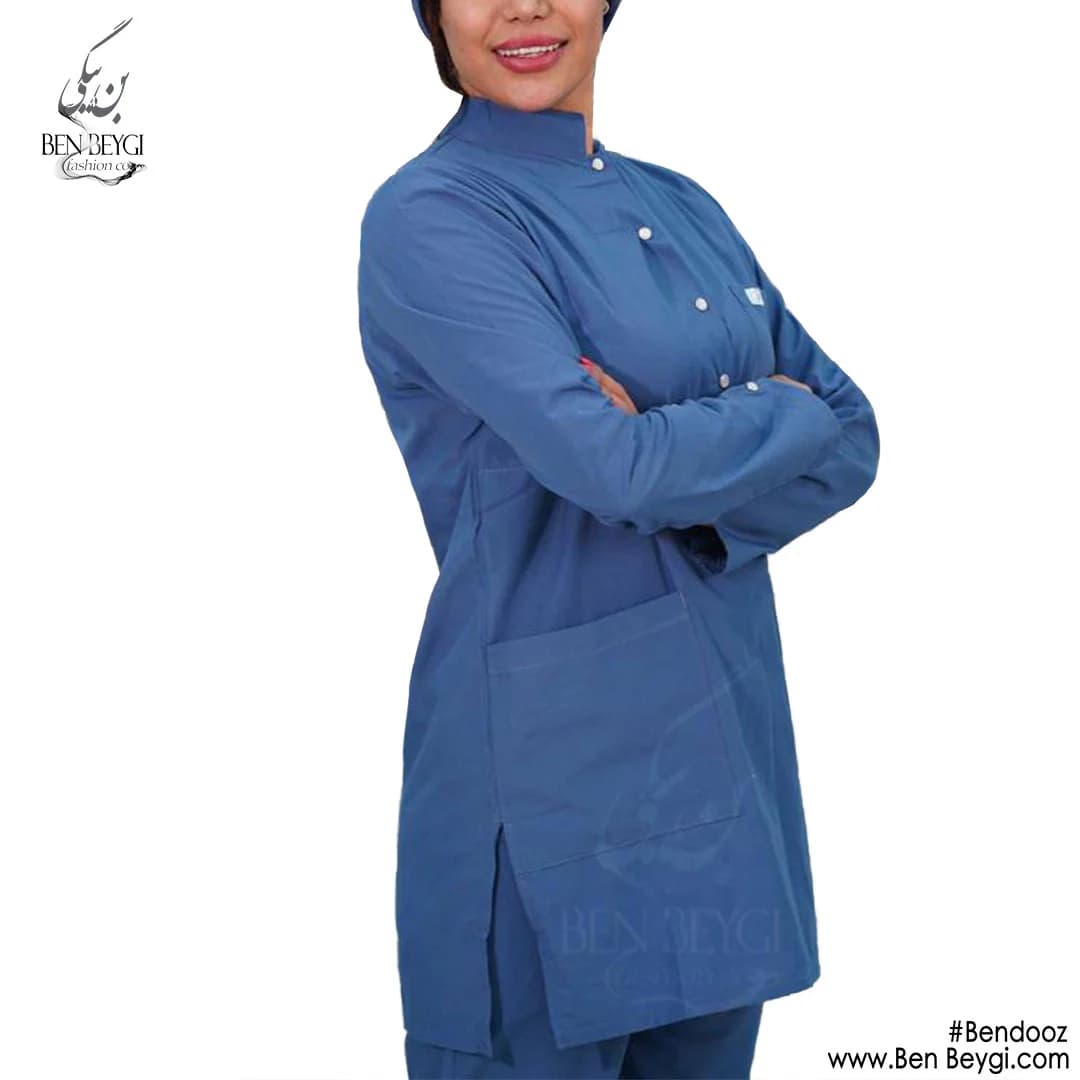 اسکراب پزشکی زنانه با شلوار پارچه ترگال مدل تونیک استین بلند آبی کد SHA-271-23633