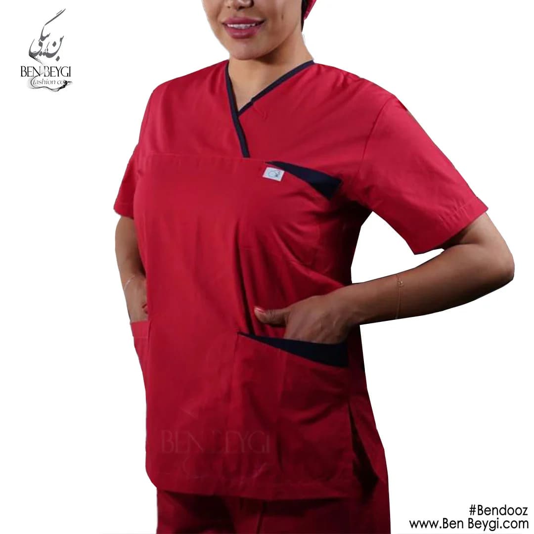 اسکراب پزشکی پارچه ترگال یقه هفت آستین کوتاه قرمز مشکی کد SHA-216-23612