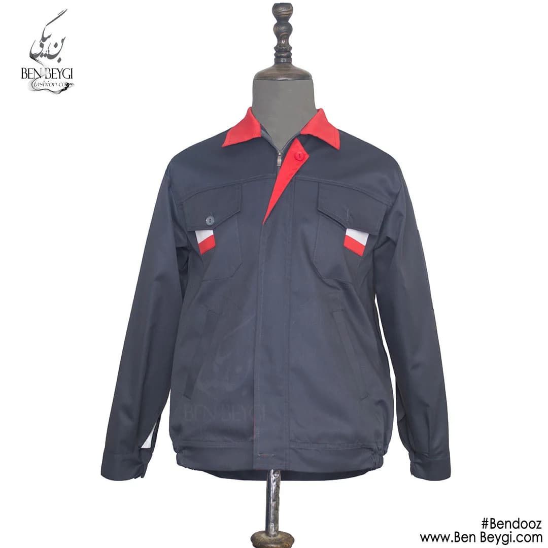 کاپشن کار با شلوار پارچه کجراه مدل یقه دار با قاپک شلوار جیب دار رنگ طوسی خرجکار قرمز کد 23531 — تصویر ۳