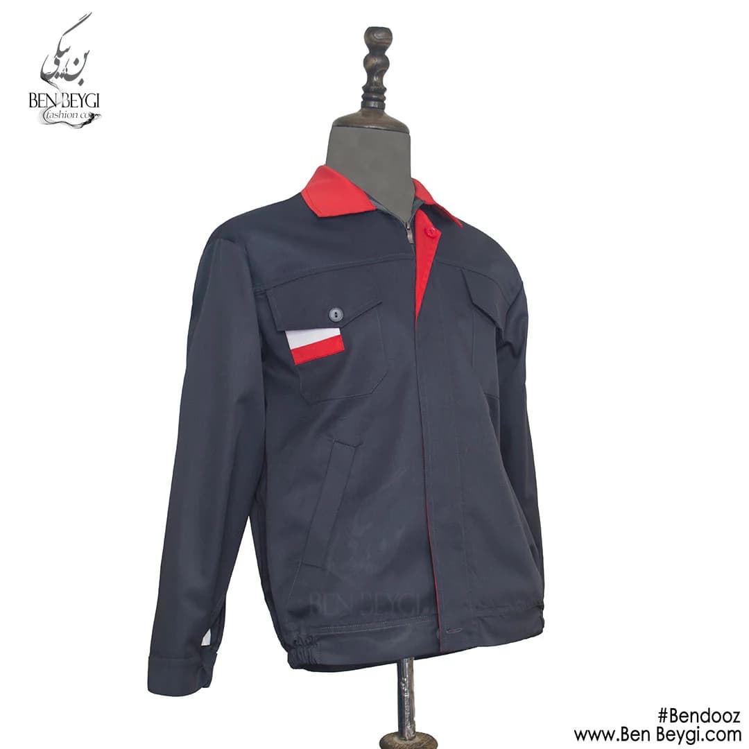 کاپشن کار با شلوار پارچه کجراه مدل یقه دار با قاپک شلوار جیب دار رنگ طوسی خرجکار قرمز کد 23531 — تصویر ۲