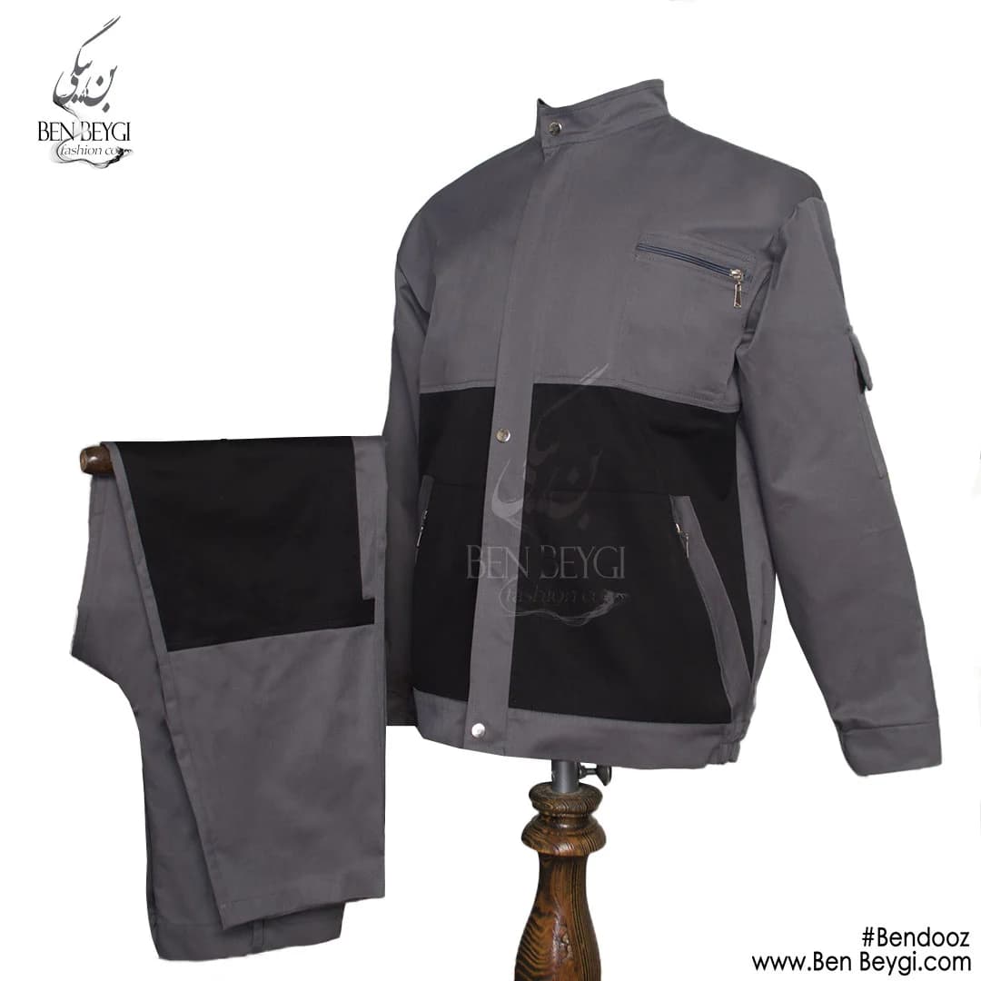 کاپشن کار با شلوار پارچه کتان مدل یقه ایستاده با قاپک شلوار جیب دار رنگ طوسی مشکی کد 23315 — تصویر ۵
