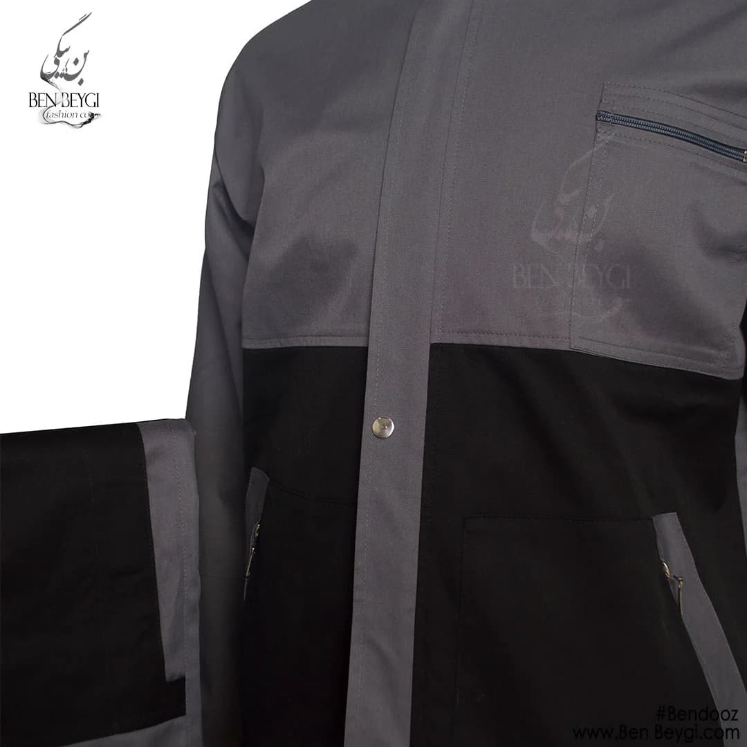 کاپشن کار با شلوار پارچه کتان مدل یقه ایستاده با قاپک شلوار جیب دار رنگ طوسی مشکی کد 23315 — تصویر ۲