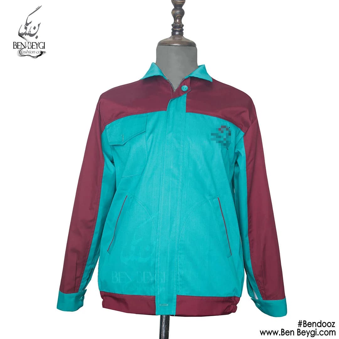 کاپشن کار پارچه کجراه مدل یقه دار با قاپک رنگ سبز قرمز آستین دورنگ کد 23292 — تصویر ۳