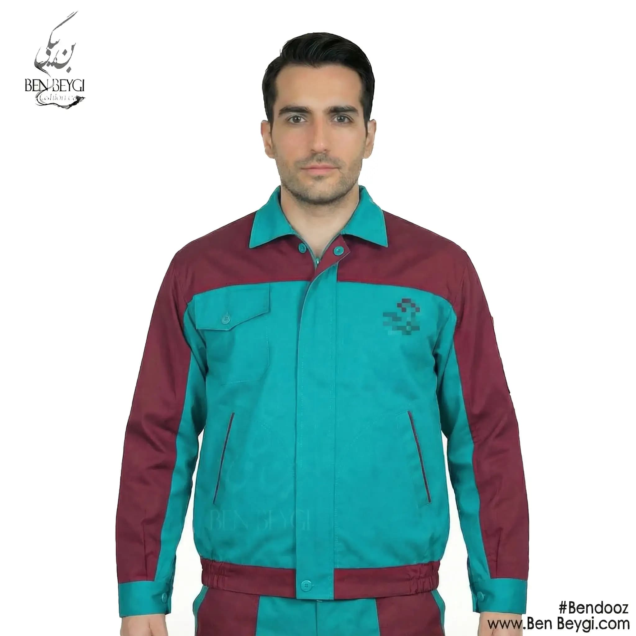 کاپشن کار پارچه کجراه مدل یقه دار با قاپک رنگ سبز قرمز آستین دورنگ کد 23292