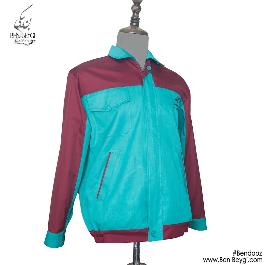 کاپشن کار پارچه کجراه مدل یقه دار با قاپک رنگ سبز قرمز آستین دورنگ کد 23292 — تصویر ۲