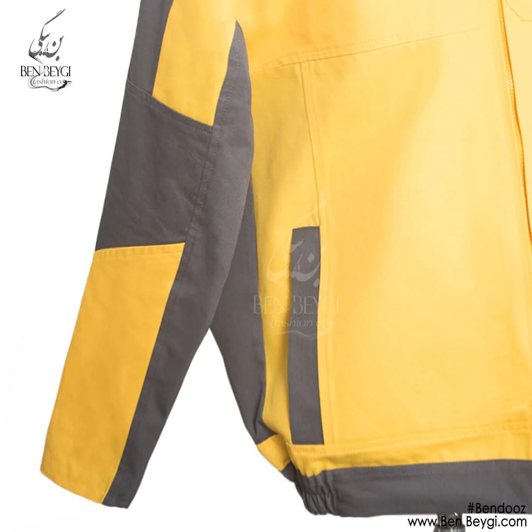 کاپشن کار با شلوار کار پارچه کتان مدل یقه دار شلوار جیب دار رنگ زرد استین دورنگ خرجکار طوسی کد 23269 — تصویر ۲