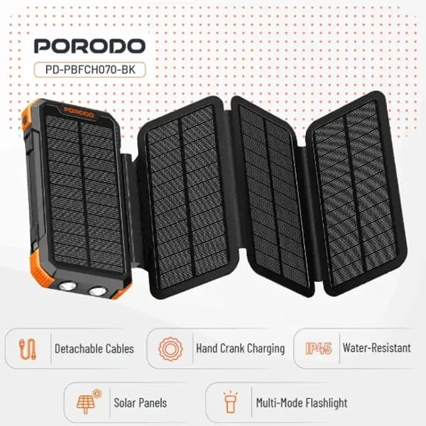 پاوربانک خورشیدی 20 وات 20000 پرودو Porodo Power Bank 4-Panel Solar PDPBFCH070BK — تصویر ۲