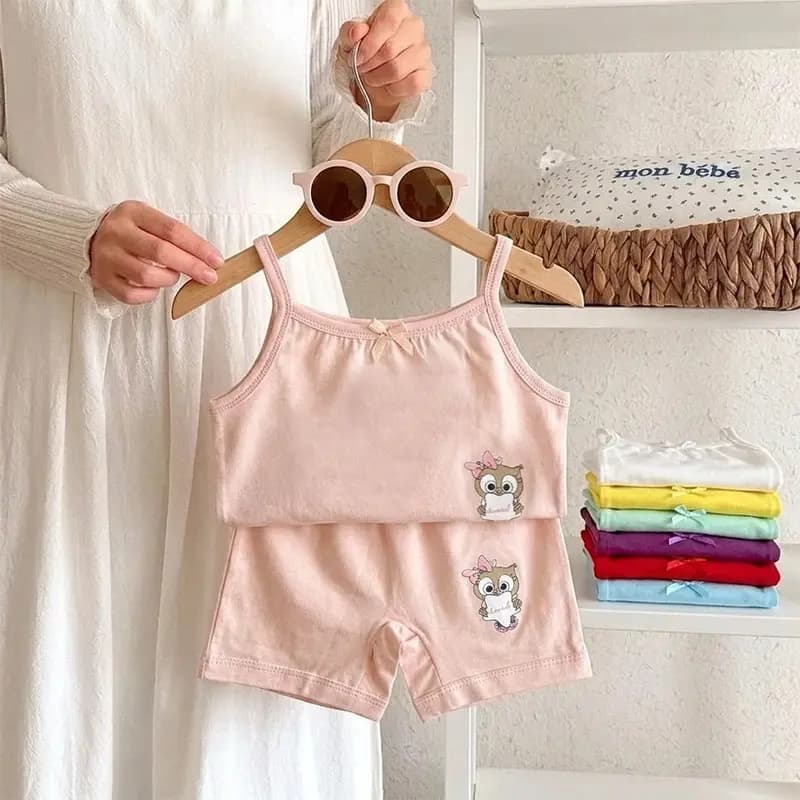 تاپ و شورتک دخترانه بندی تابستانه مناسب روزمره طرح جغد کد 4323 — تصویر ۲