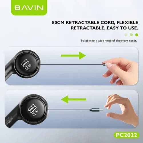 شارژر فندکی فست شارژ باوین BAVIN PC2022 Universal توان 60 وات همراه با کابل متصل جمع‌شونده — تصویر ۶