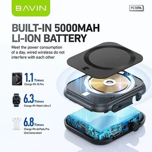 پاوربانک وایرلس 5000 مگنتی باوین Bavin PC1096 3 in 1 توان 20 وات — تصویر ۷