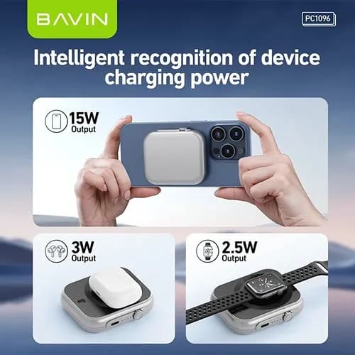 پاوربانک وایرلس 5000 مگنتی باوین Bavin PC1096 3 in 1 توان 20 وات — تصویر ۳