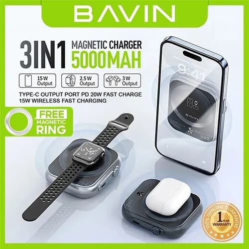 پاوربانک وایرلس 5000 مگنتی باوین Bavin PC1096 3 in 1 توان 20 وات — تصویر ۴