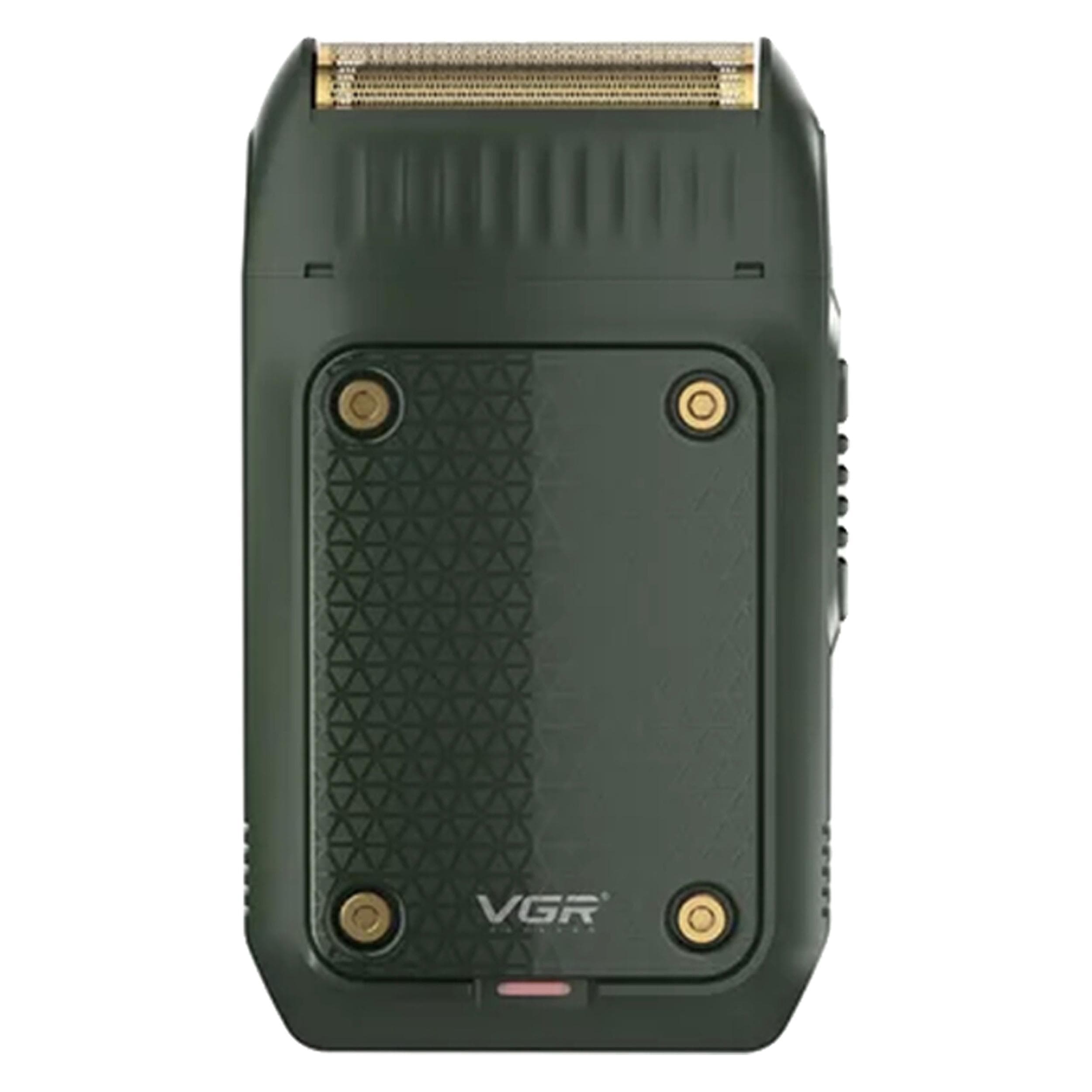 ماشین اصلاح موی صورت وی جی آر مدل V-353 با تیغه استیل پیشرفته، تکنولوژی فویلی، قابلیت اصلاح با شماره صفر، باتری 600 میلی‌آمپر ساعت و شارژر USB، طراحی ارگونومیک و سبک با برس تمیزکننده و محافظ