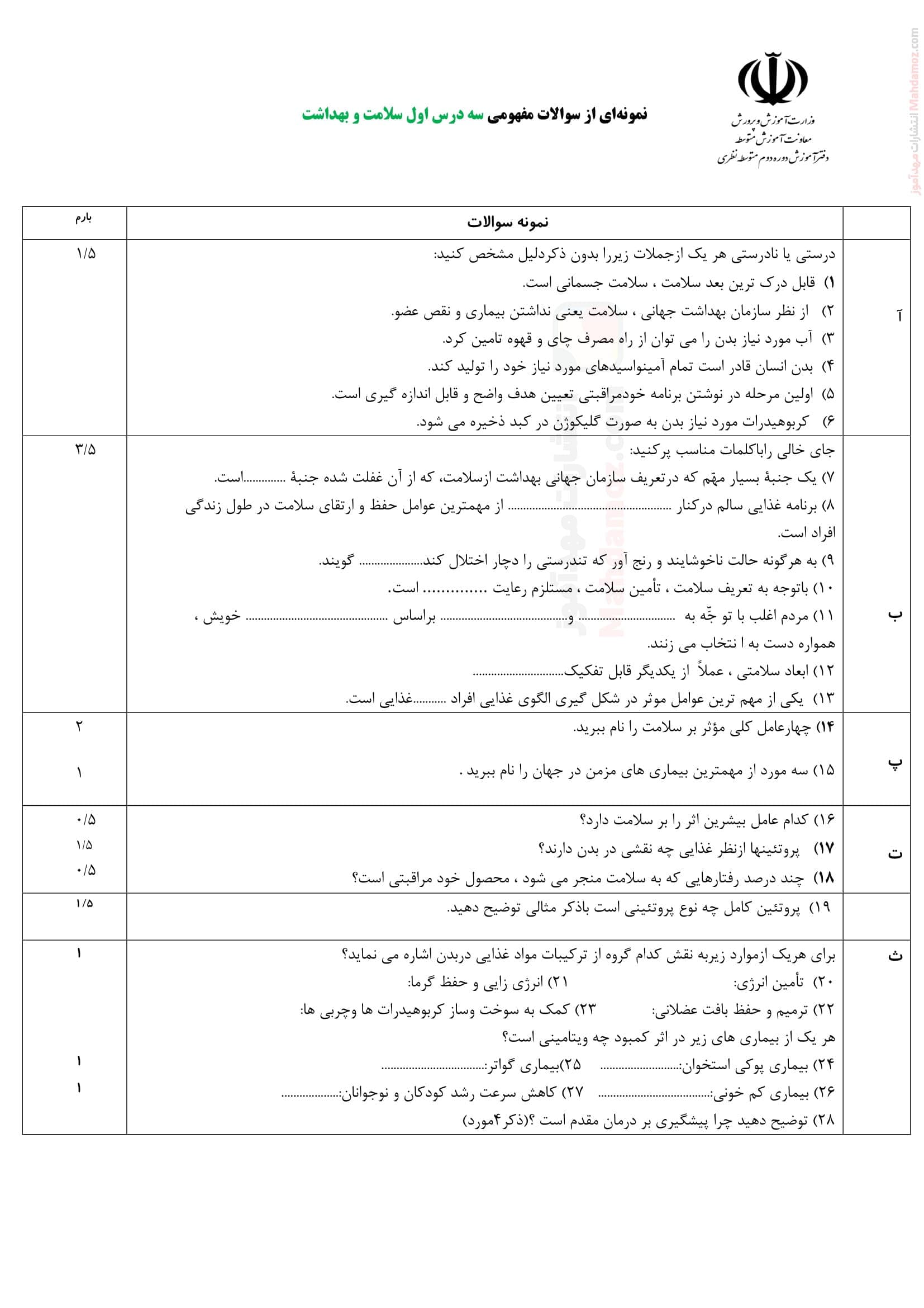 آزمون مداد کاغذی درس 1 تا 3 سلامت و بهداشت دوازدهم دبیرستان | با جواب