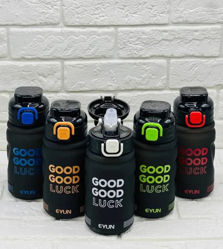 قمقمه ورزشی کروم مات EYUN مدل Good Luck ظرفیت 600ml با قفل و نی