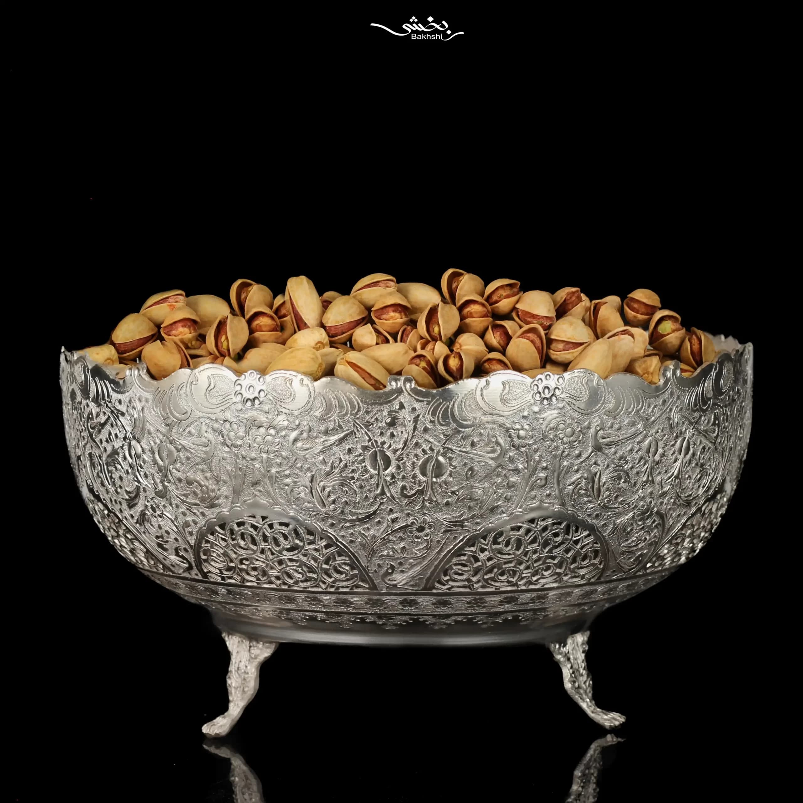 کاسه نقره گرد گل و مرغ پایه ریختگی — تصویر ۲