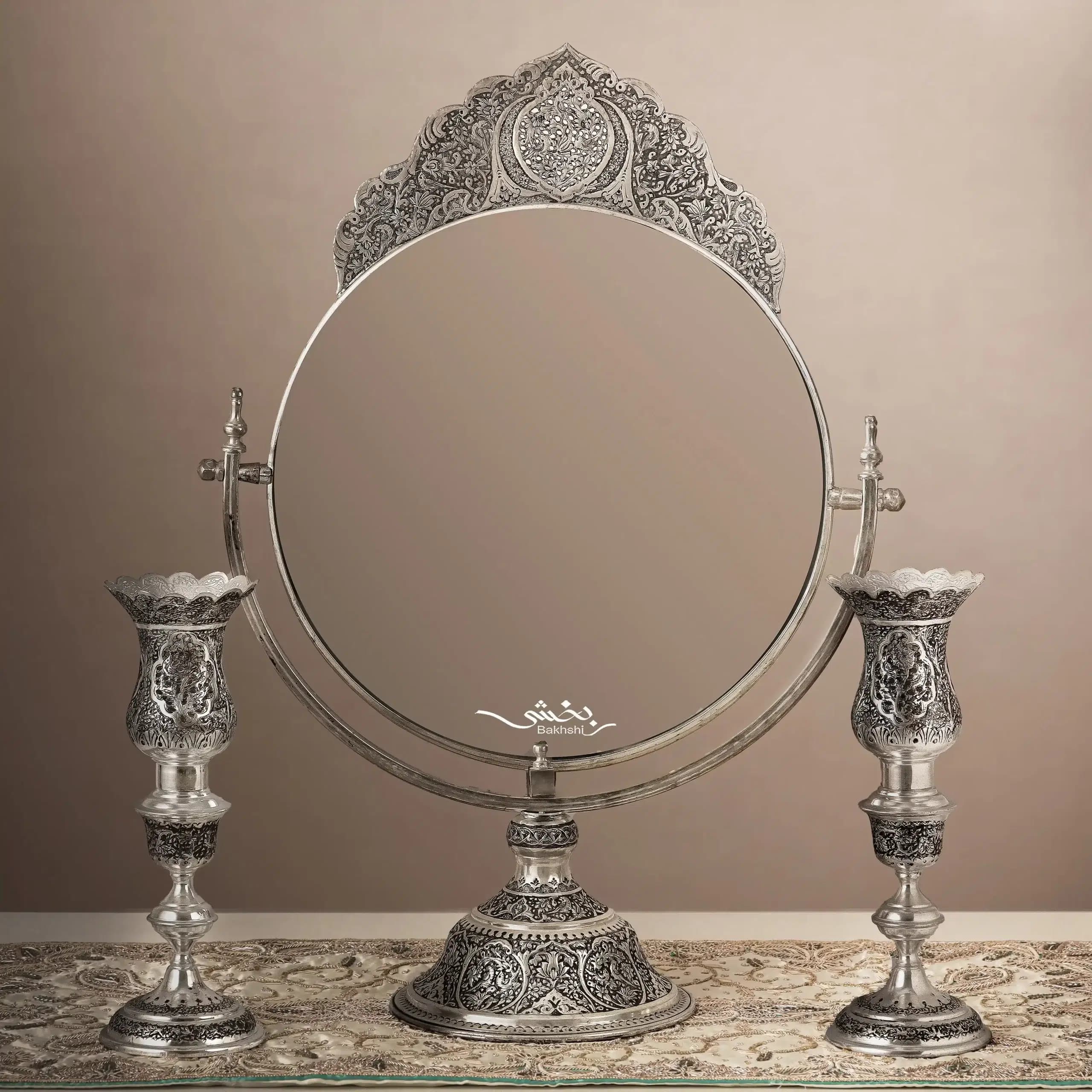 ست آینه نقره گهواره ای تاجدار و شمعدان لاله گل و مرغ
