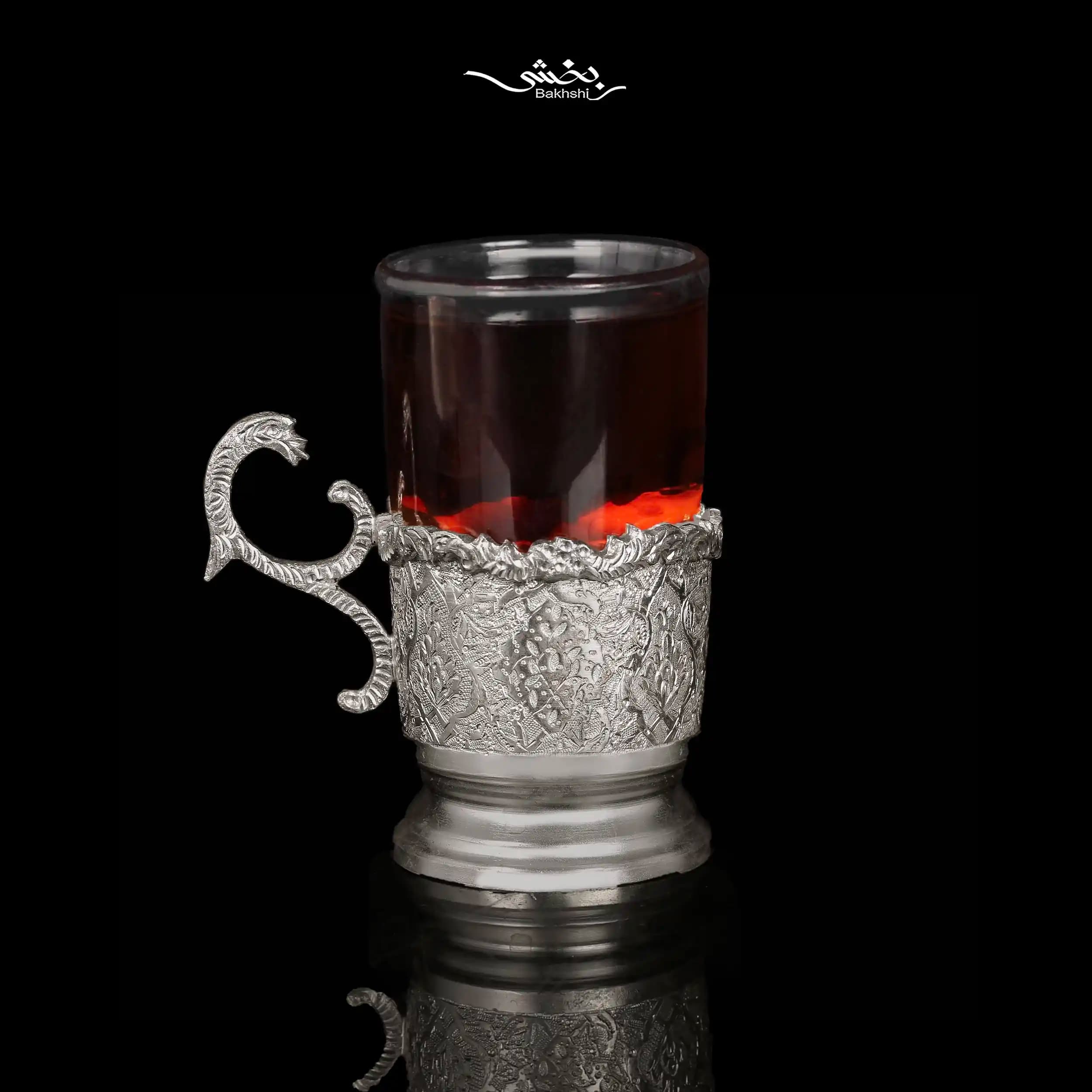 انگاره تکی, قندان و نعلبکی 6 عددی نقره گل و مرغ — تصویر ۵