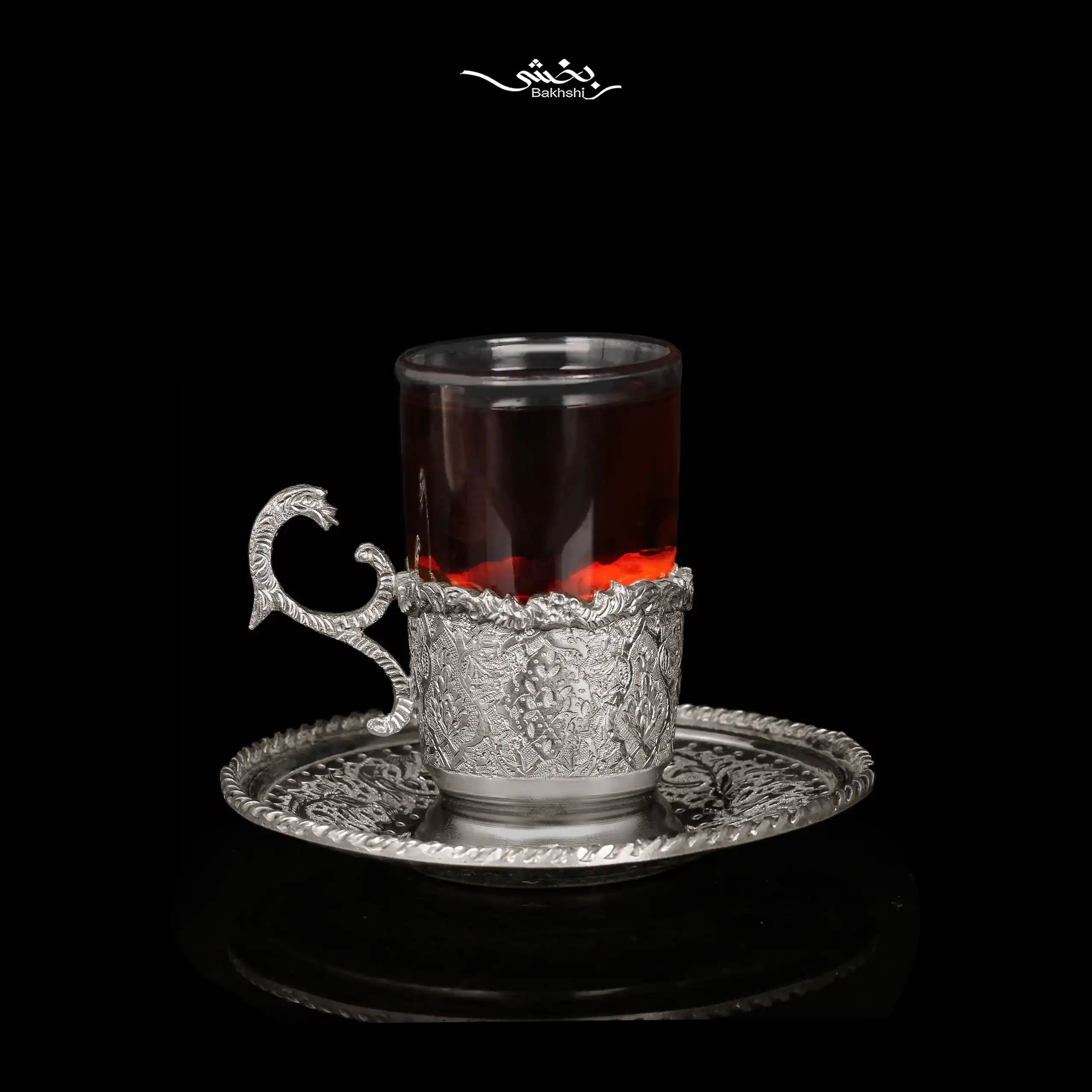 انگاره تکی, قندان و نعلبکی 6 عددی نقره گل و مرغ — تصویر ۳