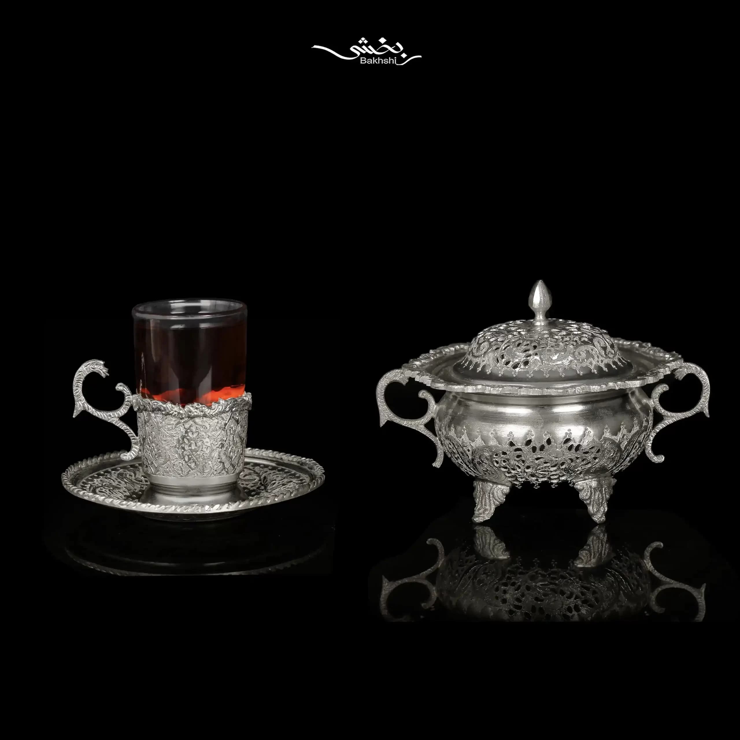 انگاره تکی, قندان و نعلبکی 6 عددی نقره گل و مرغ