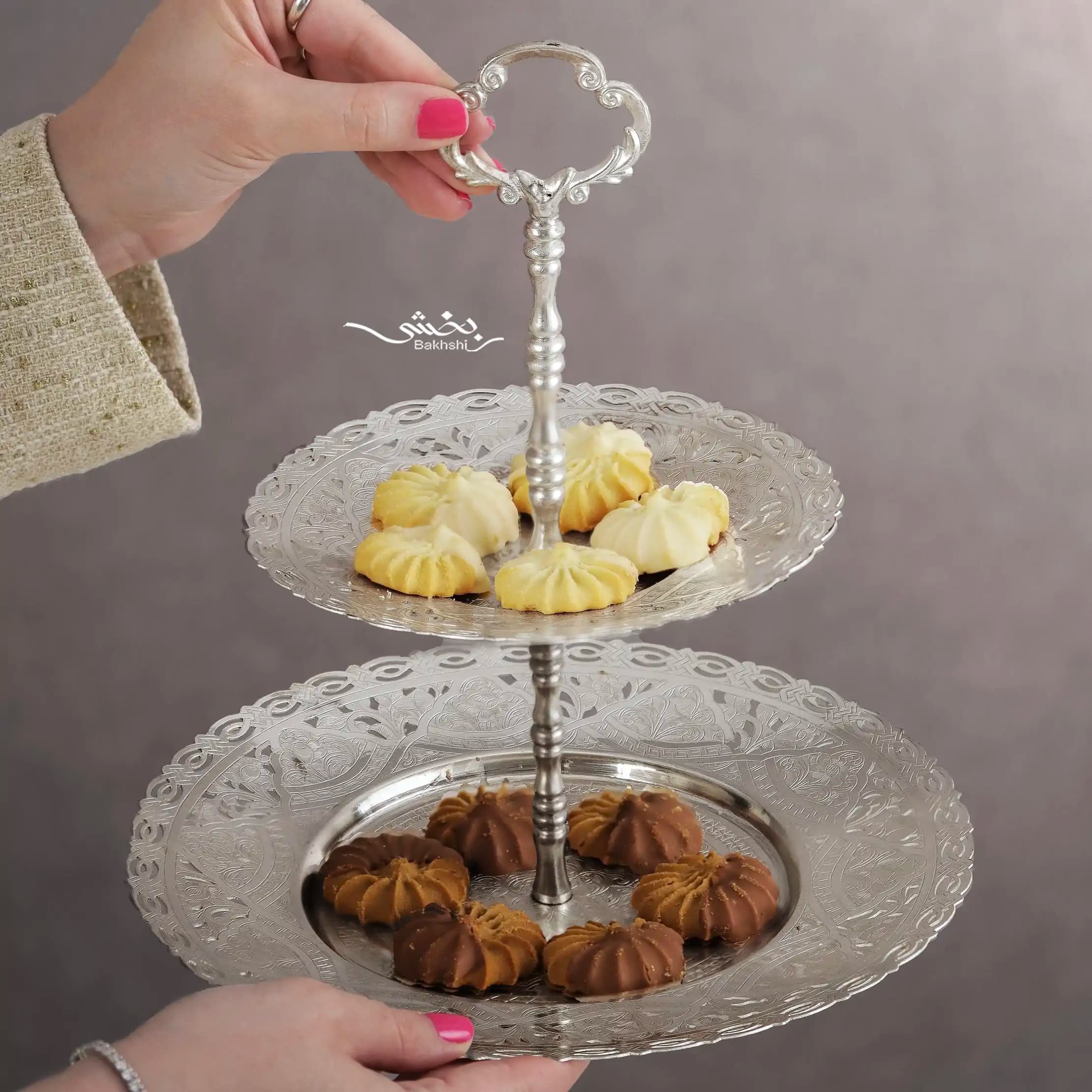 شیرینی خوری نقره دو طبقه گرد تبریز