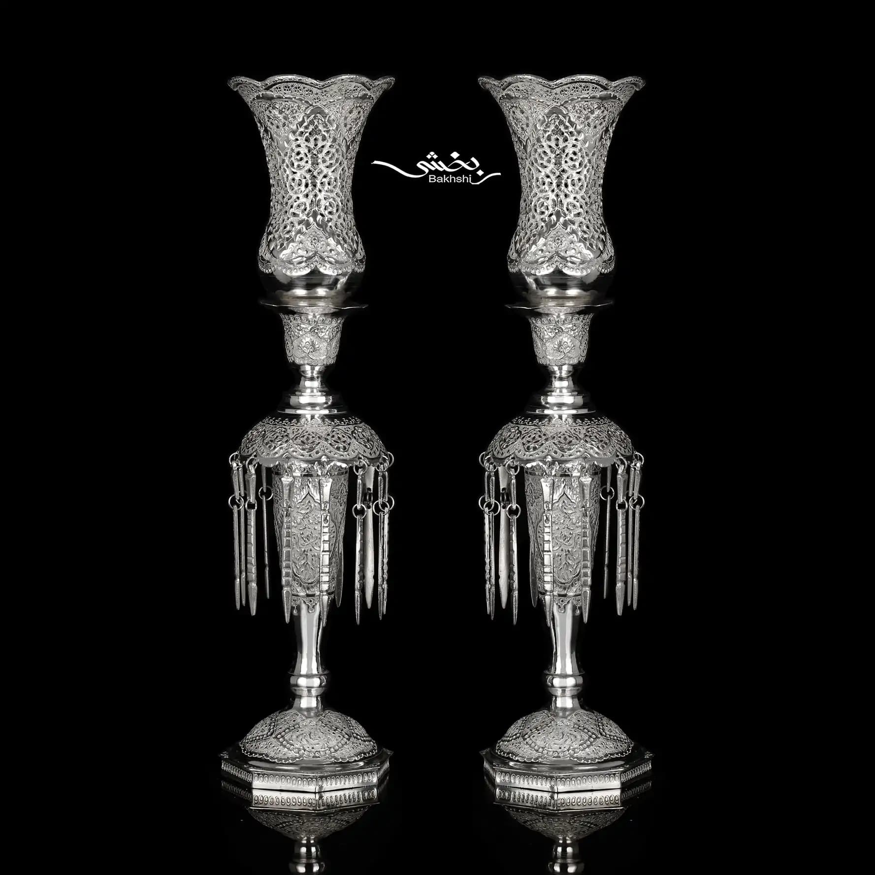 شمعدان نقره لاله آویزدار قلم گل و مرغ