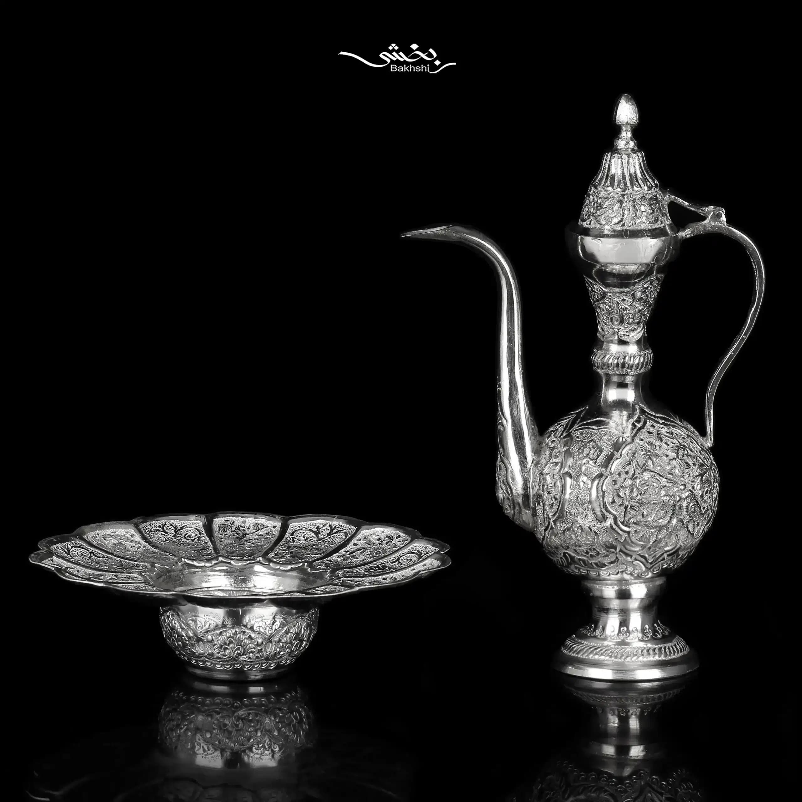 آبدست لگن نقره قلم گل و مرغ — تصویر ۳