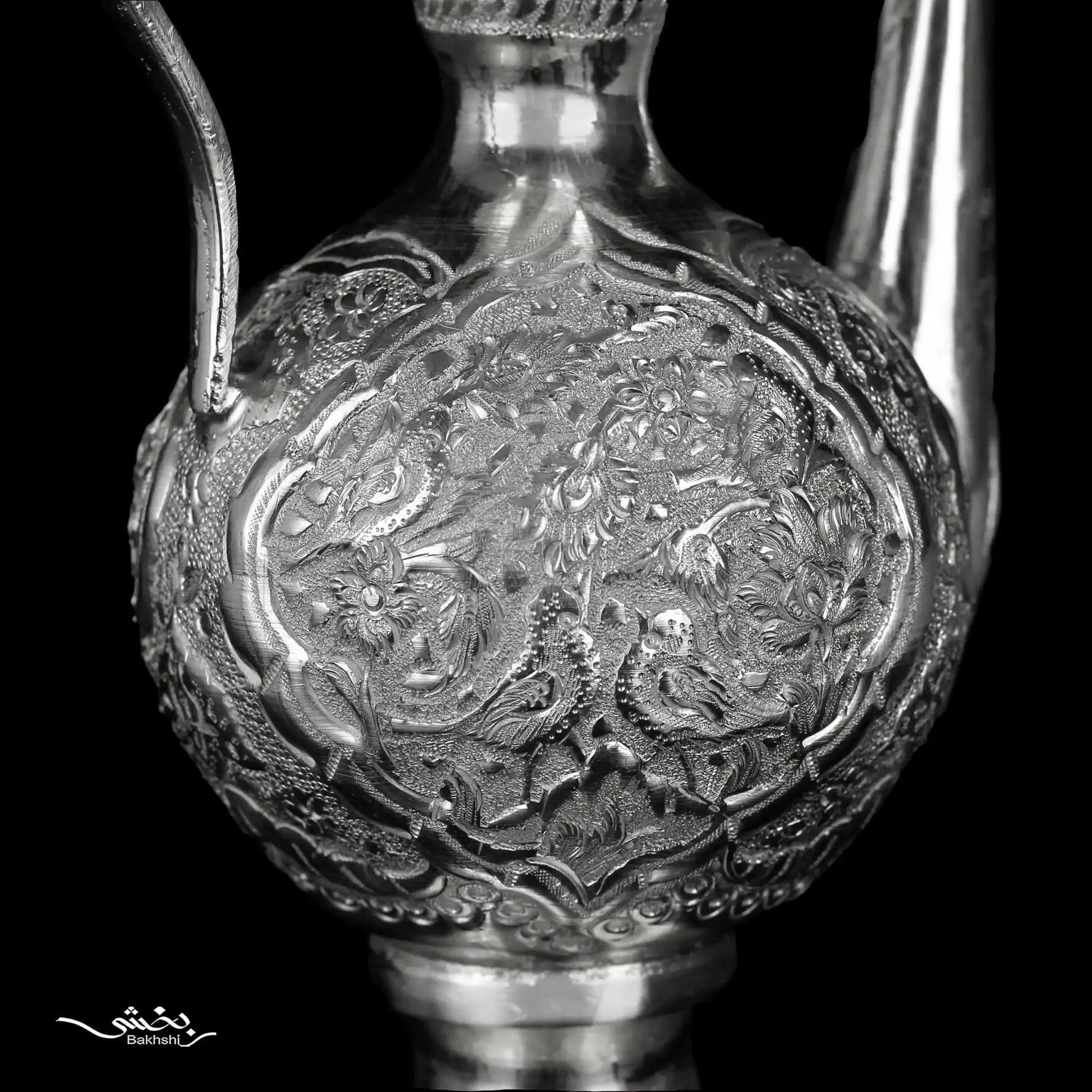 آبدست لگن نقره قلم گل و مرغ — تصویر ۴