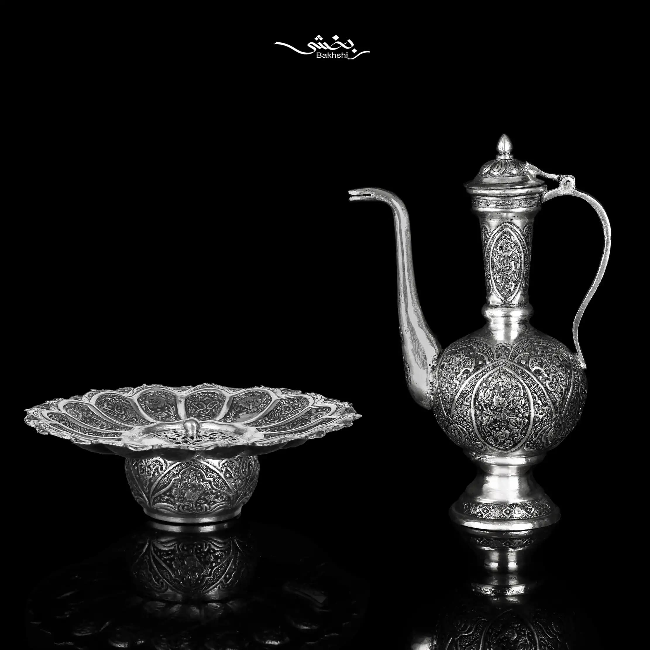 آبدست لگن نقره گل و مرغ ریزقلم اعلا — تصویر ۳