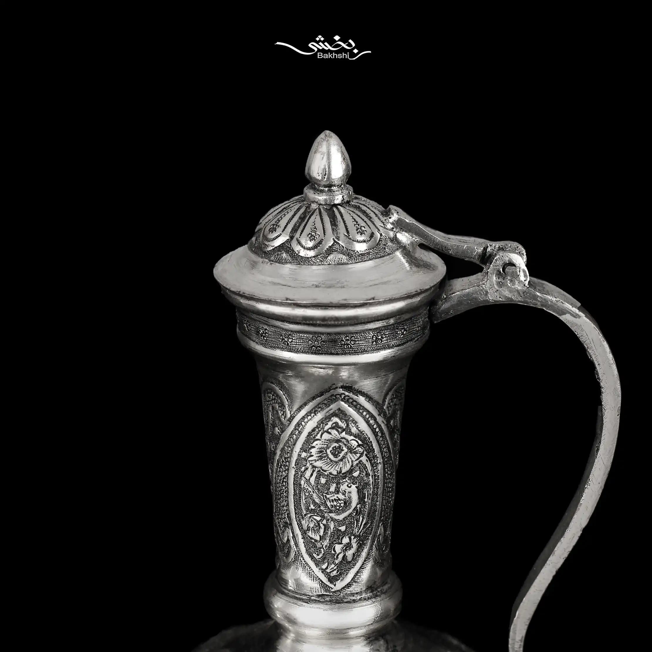 آبدست لگن نقره گل و مرغ ریزقلم اعلا — تصویر ۶