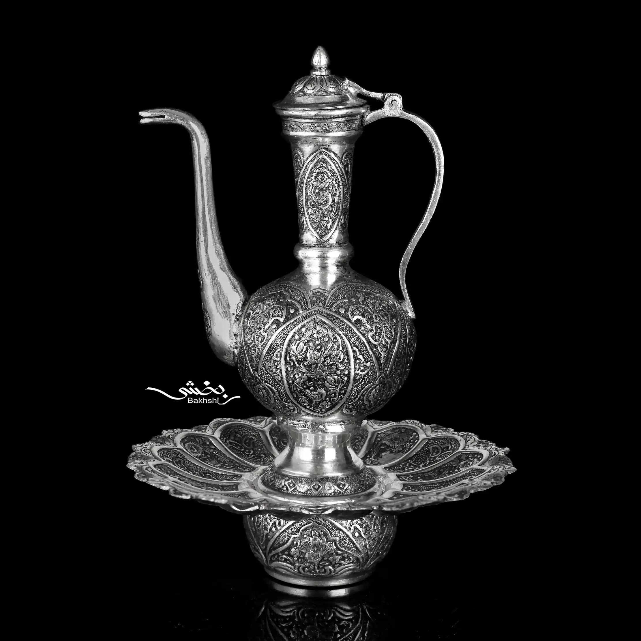 آبدست لگن نقره گل و مرغ ریزقلم اعلا — تصویر ۲