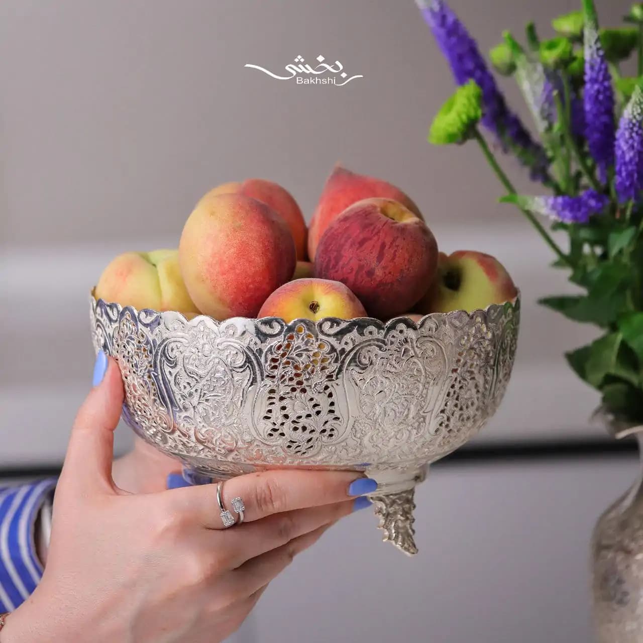 پسته خوری نقره پایه ریختگی گرد بزرگ — تصویر ۲