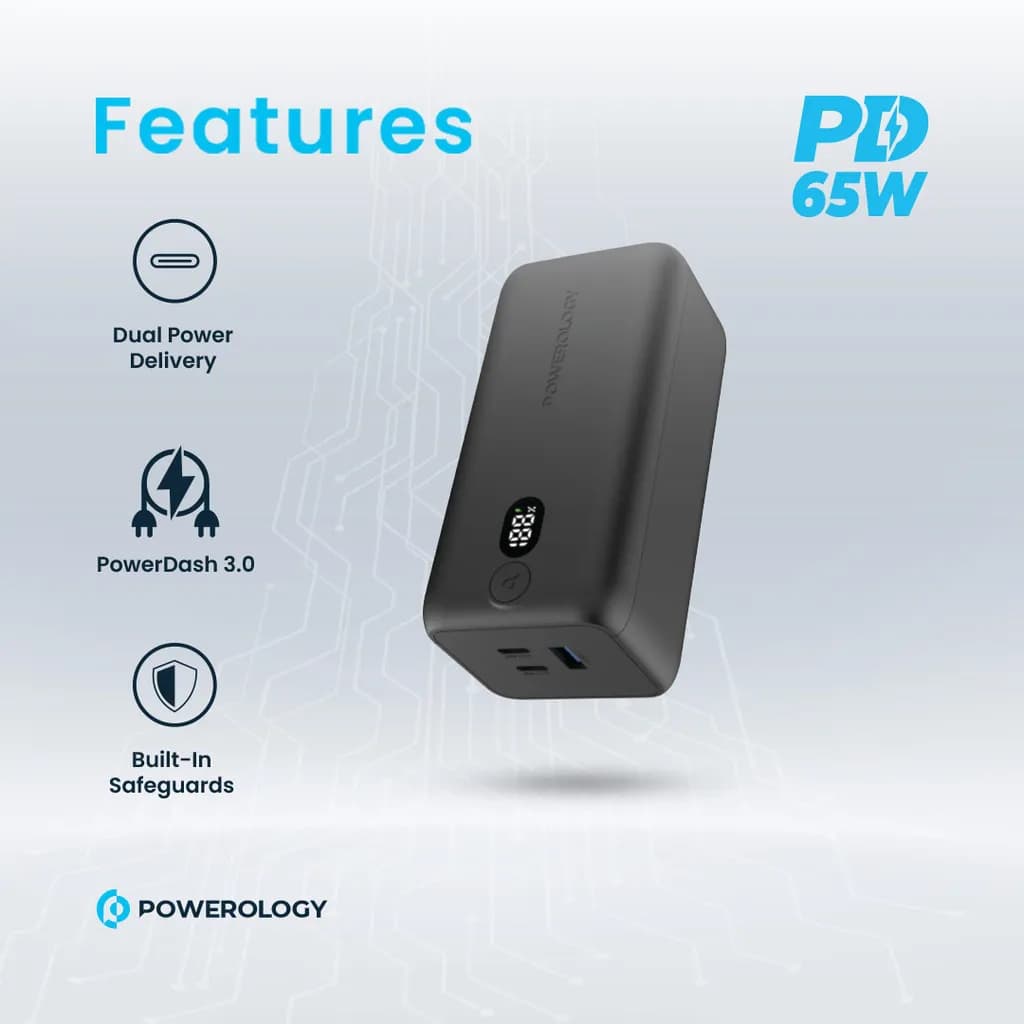 پاوربانک پاورولوژی 65W PD مدل pp019 رنگ سیاه 20 هزار میلی آمپر — تصویر ۴