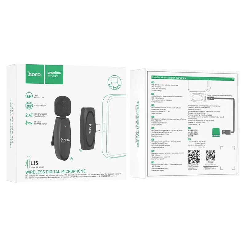 میکروفن بی‌سیم هوکو مدل L15 پورت لایتنینگ Type-c میکروفون تکی رنگ سیاه — تصویر ۴