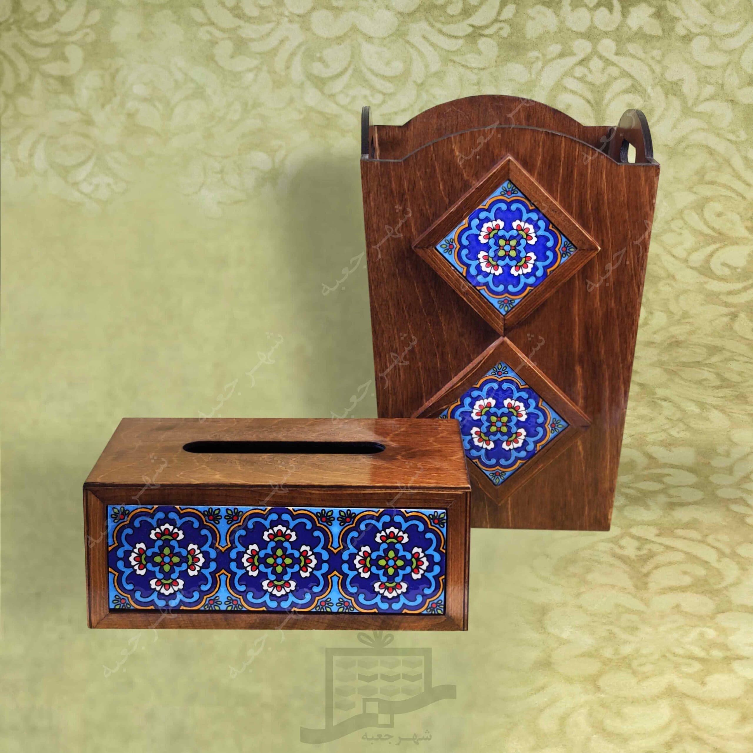 ست جعبه دستمال کاغذی و سطل چوبی (طرح B1)-چوب و کاشی،جا دستمال کاغذی و سطل