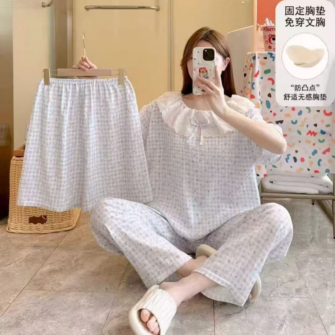 ست سه تیکه راحتی تیشرت و شلوار و شورتک موسلین دخترانه و زنانه کد 1754