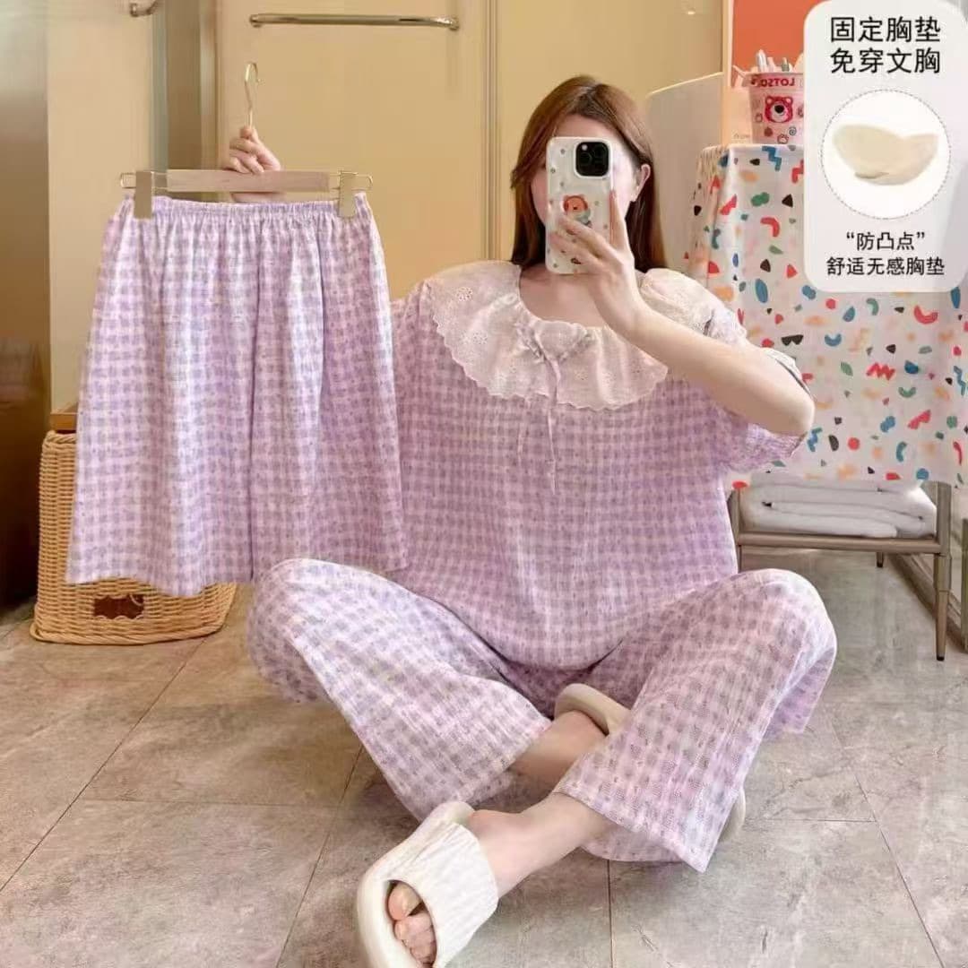 ست سه تیکه راحتی تیشرت و شلوار و شورتک موسلین دخترانه و زنانه کد 1752