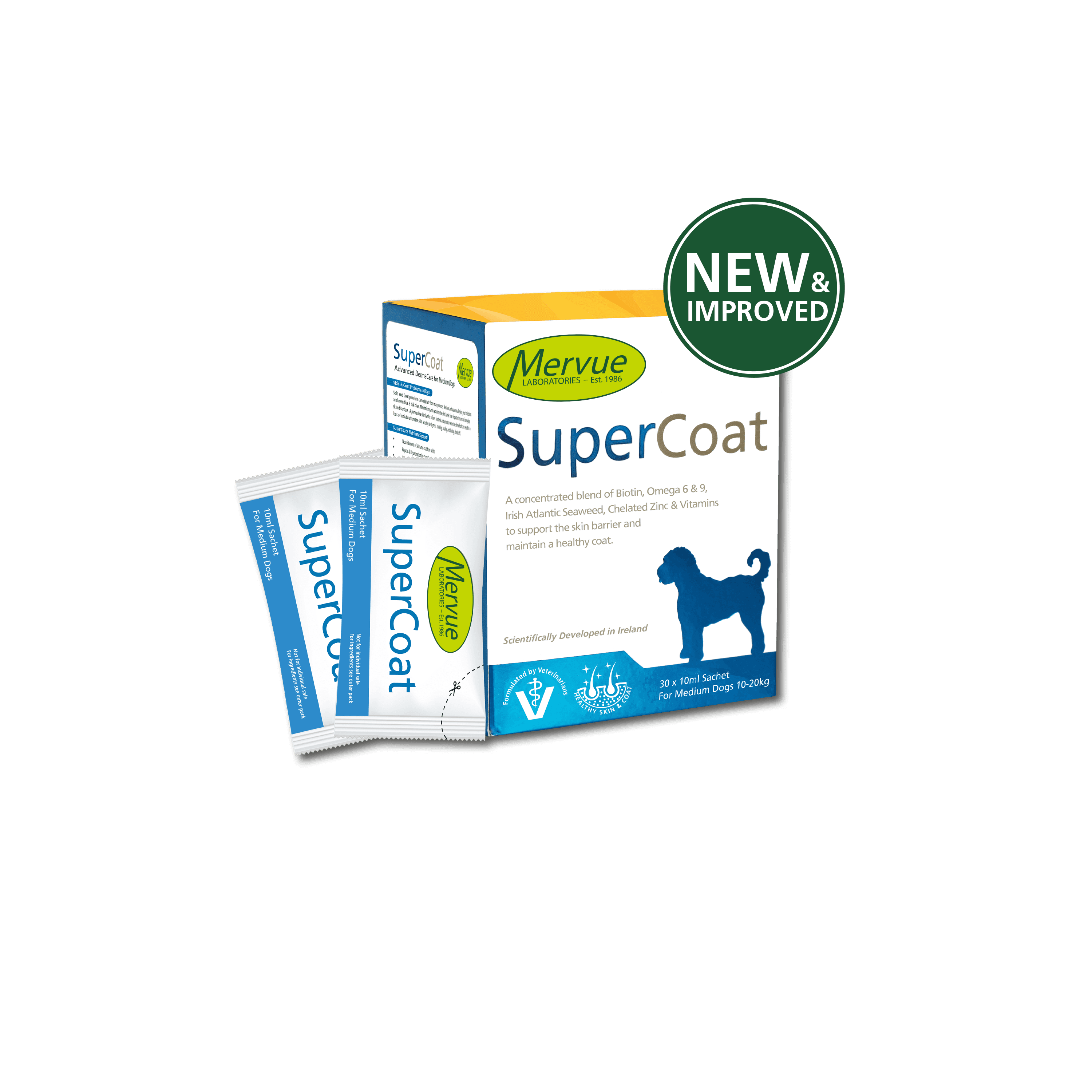 مکمل درمانی و تقویتی پوست و مو سگ و توله سگ SuperCoat برند Mervue | نژاد متوسط | ساشه 10ml — تصویر ۲
